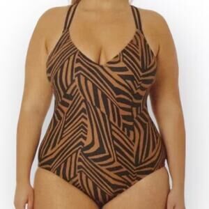 Hurley Brown Black Zebra Animal Print Strappy Back One Piece Swim Suit Wmns L